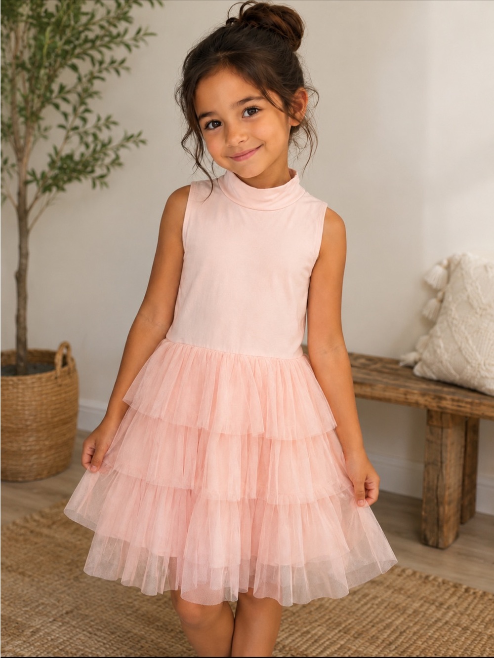 Crewcuts Pink Tiered Tulle Mock-Neck Dress